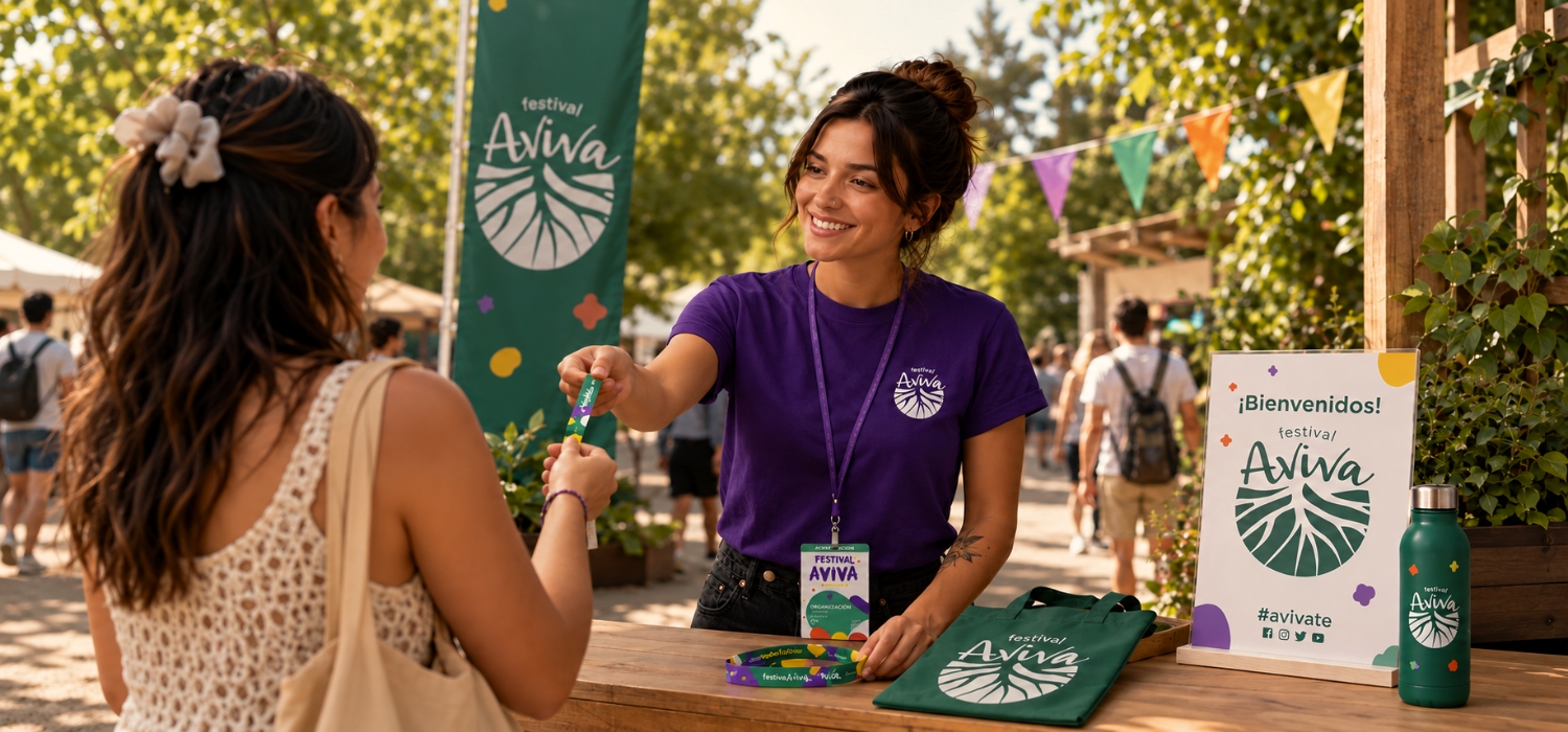 Aviva Festival staff handing event wristband at accreditation booth