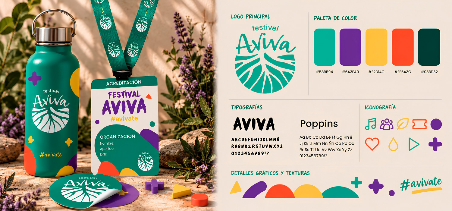 Aviva Festival brand guidelines showing logo color palette typography and iconography