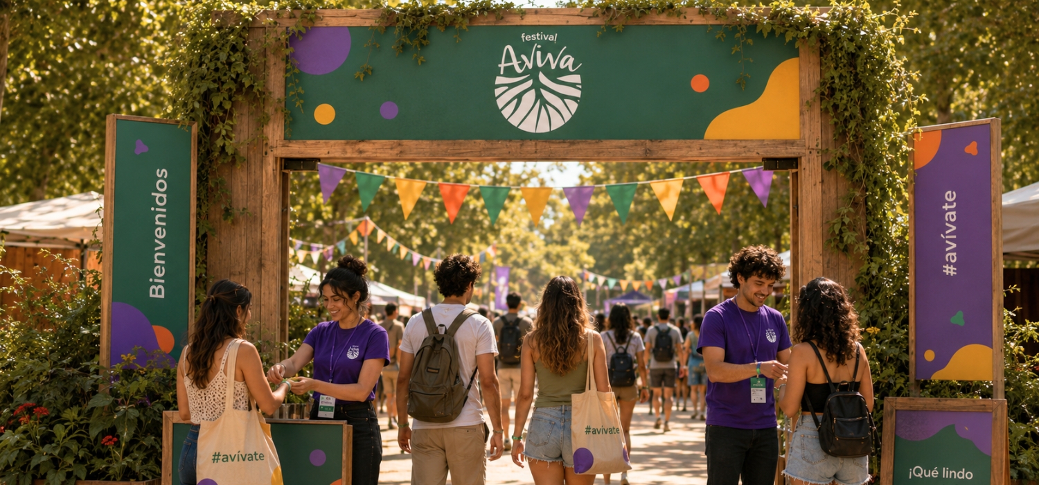 Aviva Festival wooden main entrance arch and welcome signage with attendees