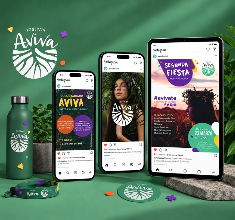 Aviva Festival Instagram posts on smartphones and tablet screen with branded water bottle