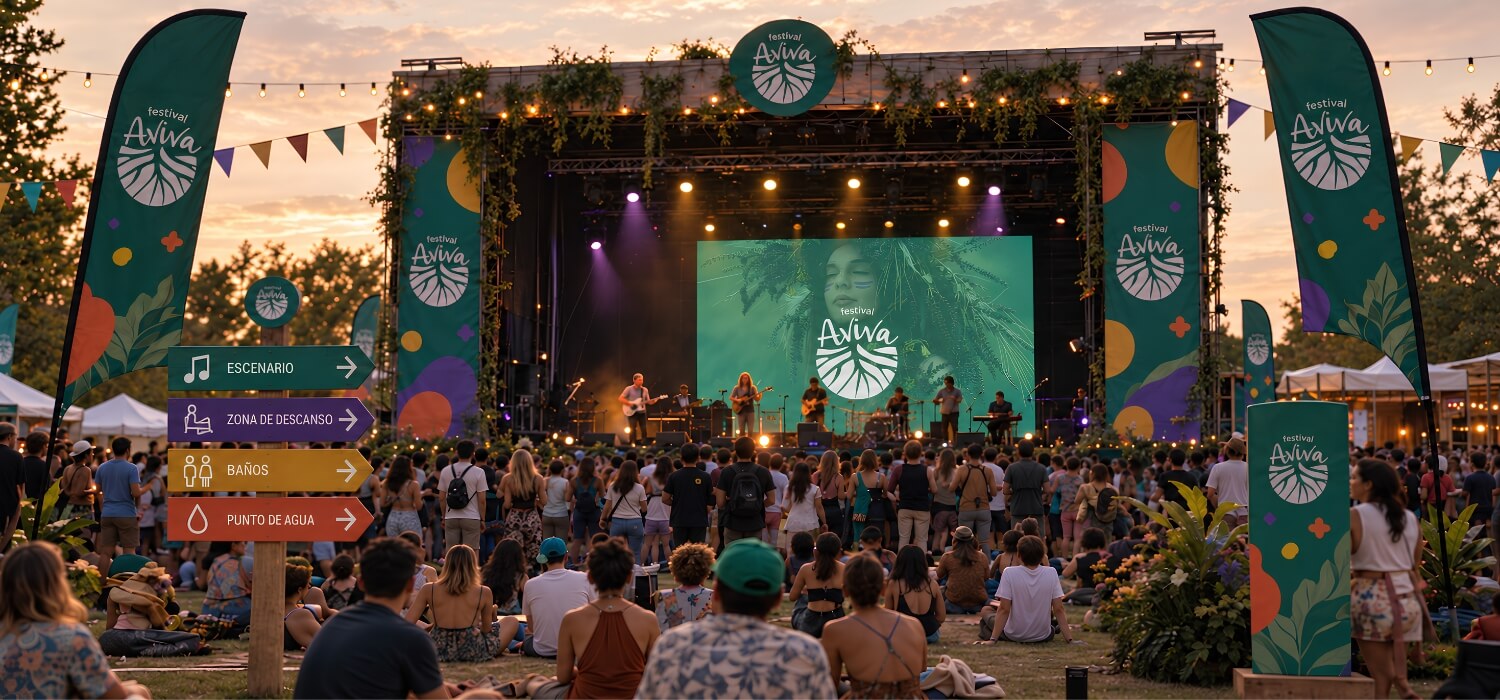 Aviva Festival live stage design directional signage and outdoor event branding