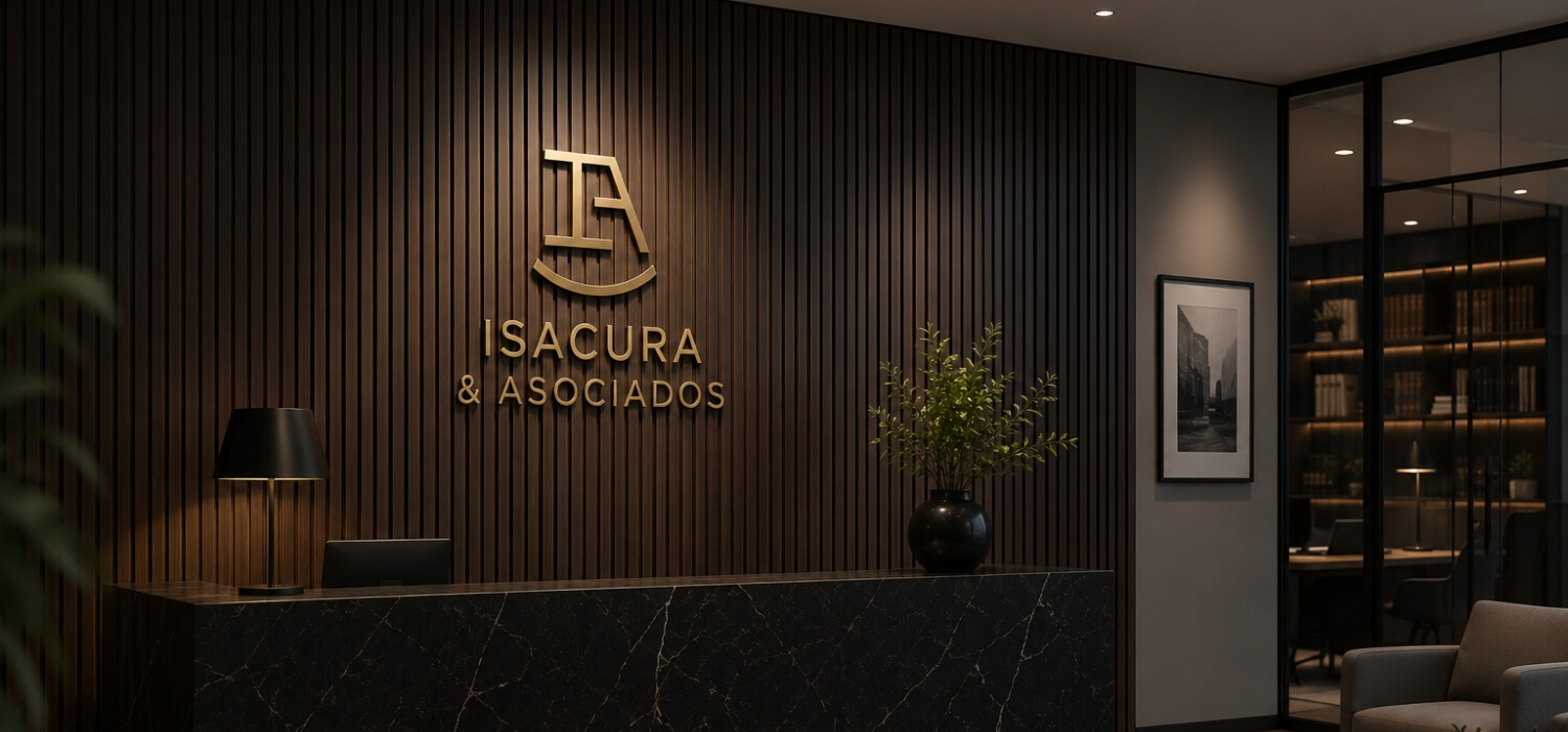Isacura Asociados 3D logo design on office reception wall
