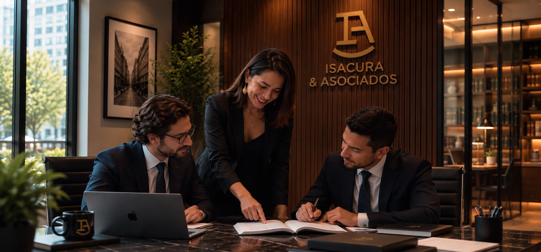 Isacura & Asociados legal team in office meeting with logo design on wall