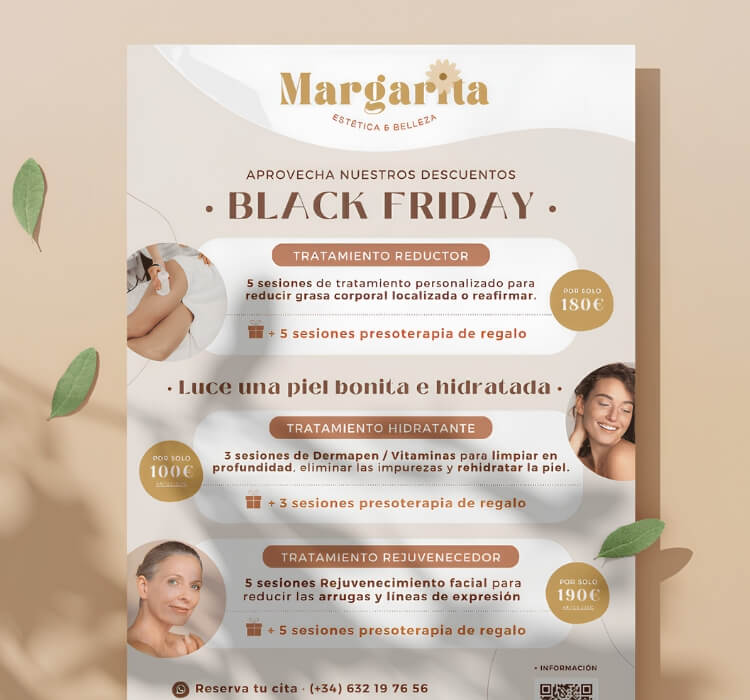 Margarita beauty center Black Friday promotional flyer and treatment offers layout