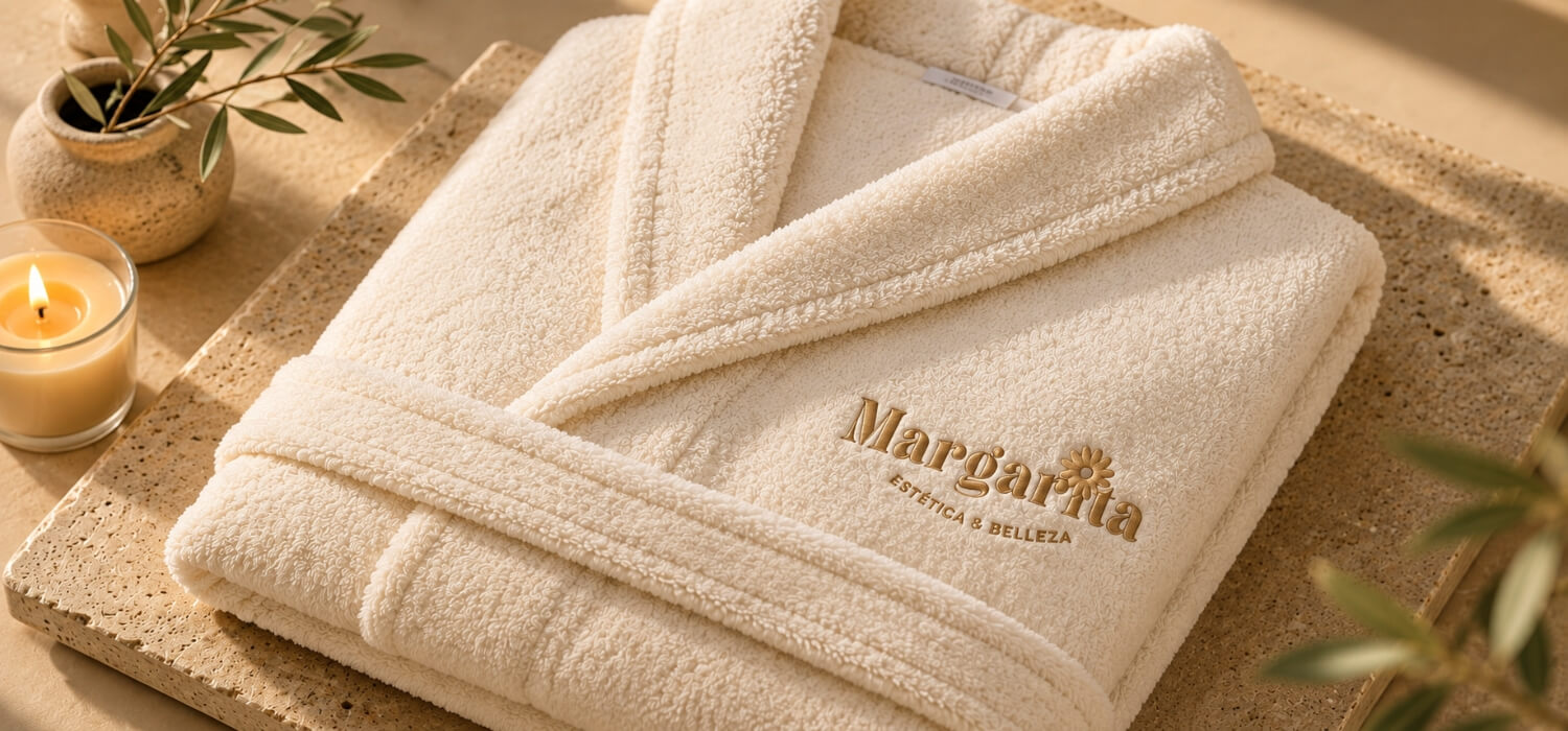 Margarita beauty center embroidered bathrobe on stone tray with candle