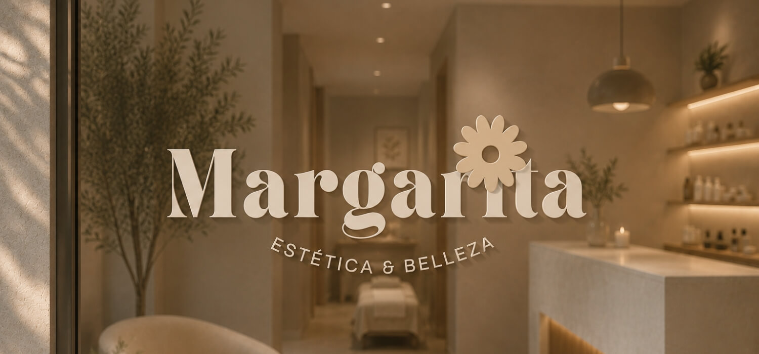 Margarita beauty center logo decal close-up on glass window with spa interior